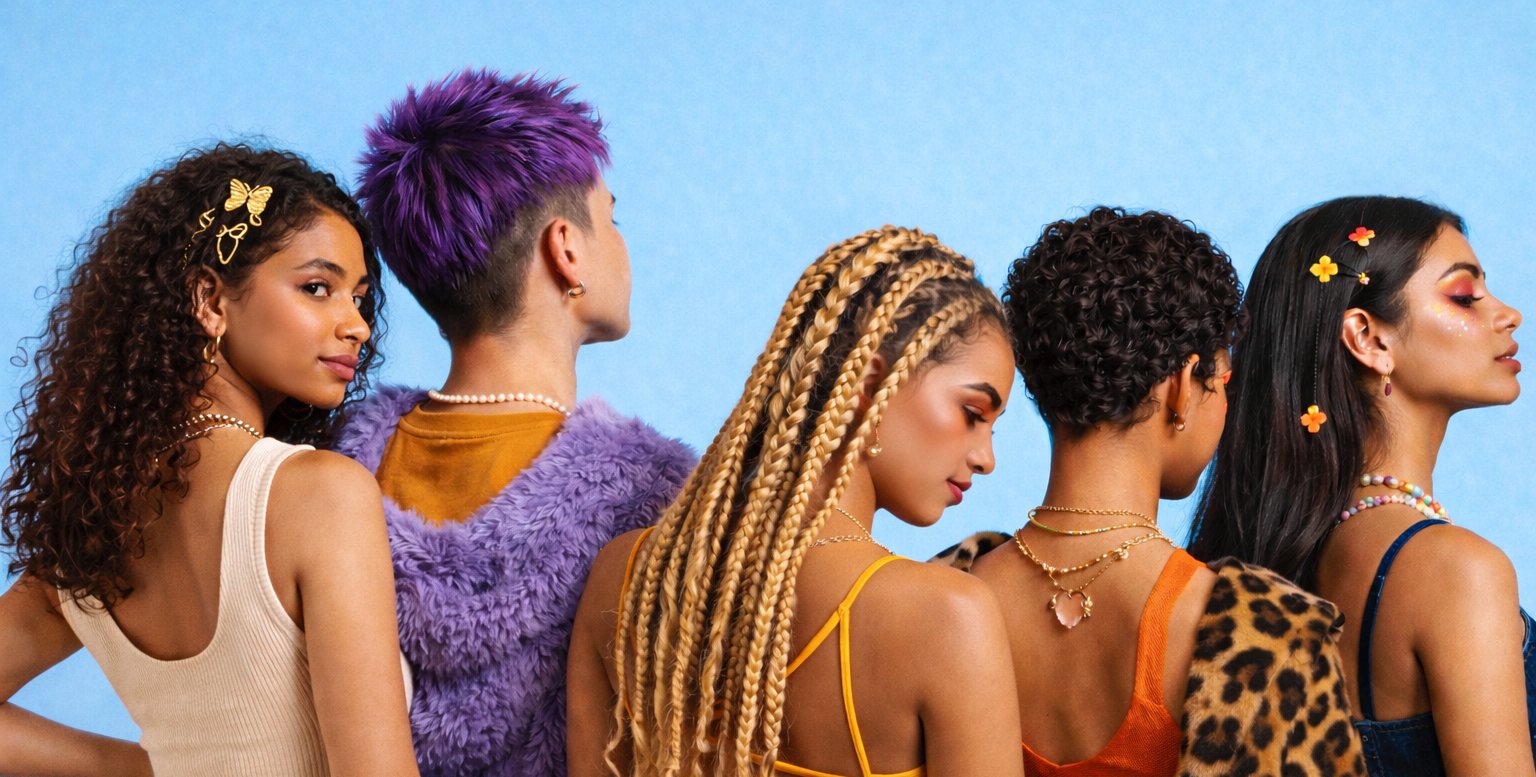 Diverse Glazy hair types — curly, colored, braided, afro and straight
