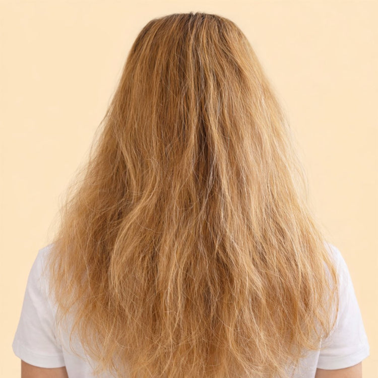Frizzy damaged blonde hair before Glazy capsule treatment