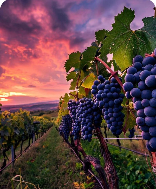 Vineyard at sunset — grape seed oil ingredient source for Glazy