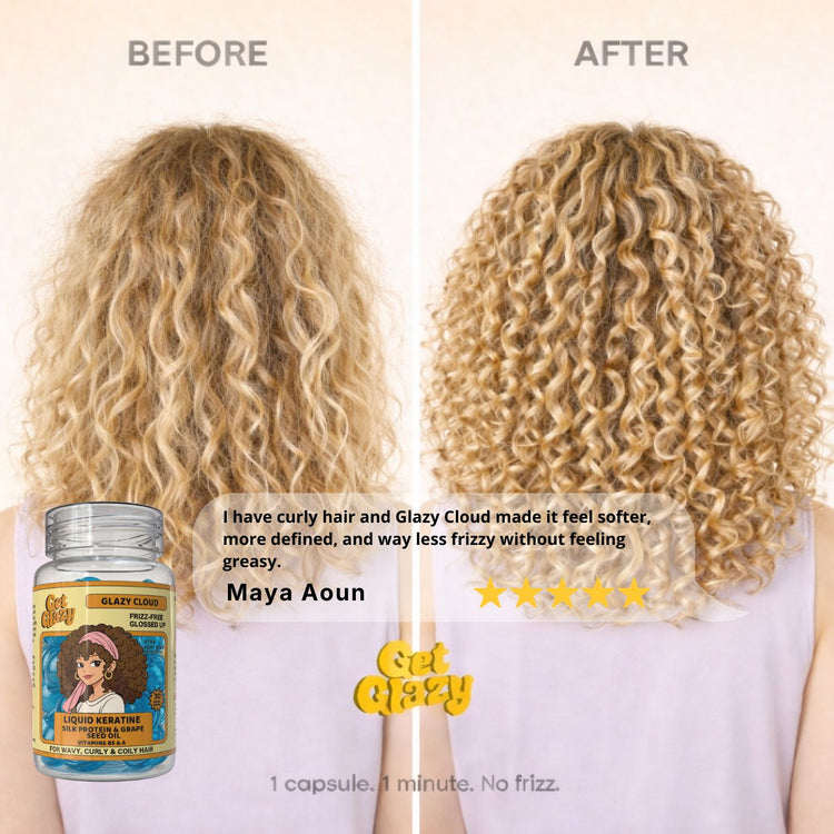 Glazy Cloud before and after — defined frizz-free curls for wavy, curly and coily hair