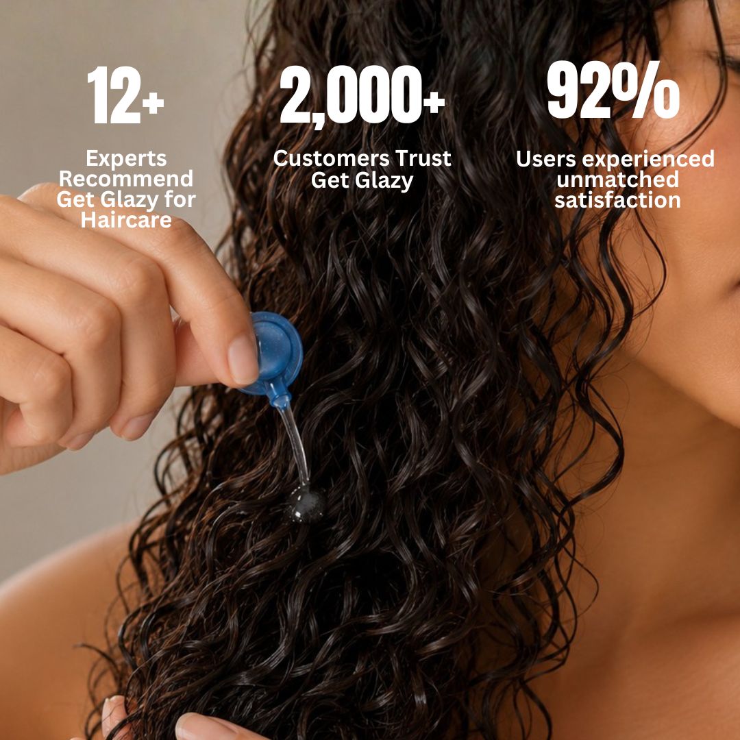 Woman applying Glazy Cloud capsule serum to curly hair — single-use shine drop for defined curls