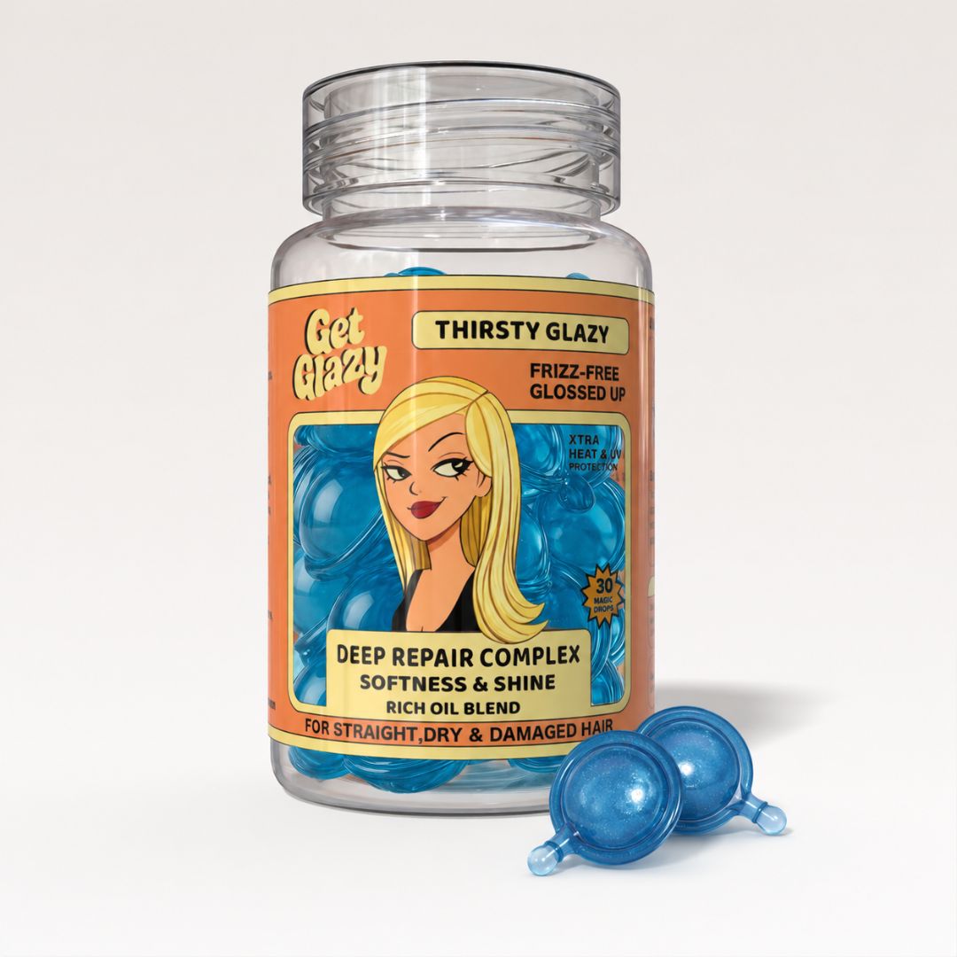 Thirsty Glazy hair serum capsule jar — deep repair for dry, damaged, and heat-stressed hair