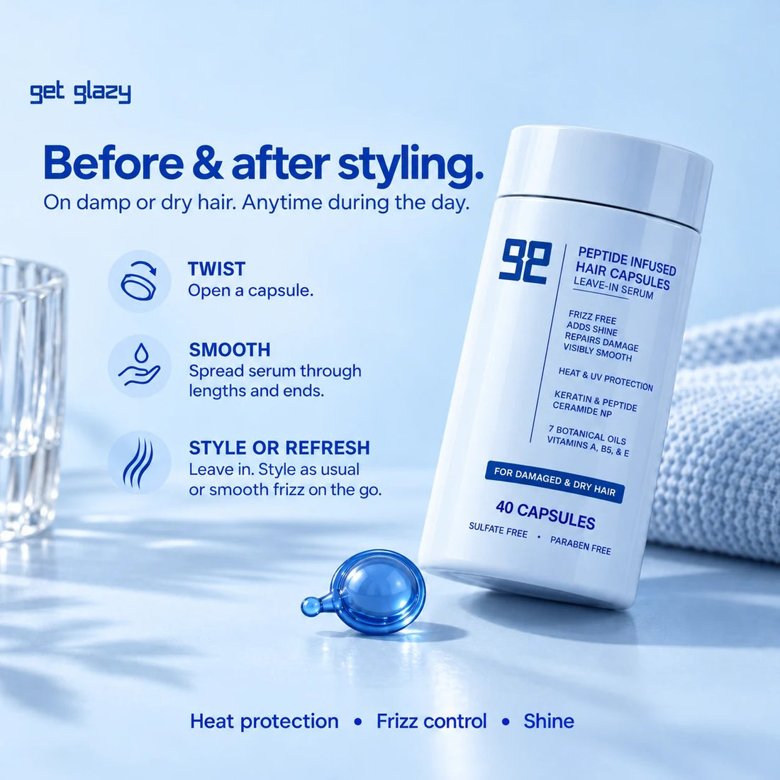 How to use Get Glazy blue hair oil serum capsules for dry, damaged hair: twist, smooth through lengths, style