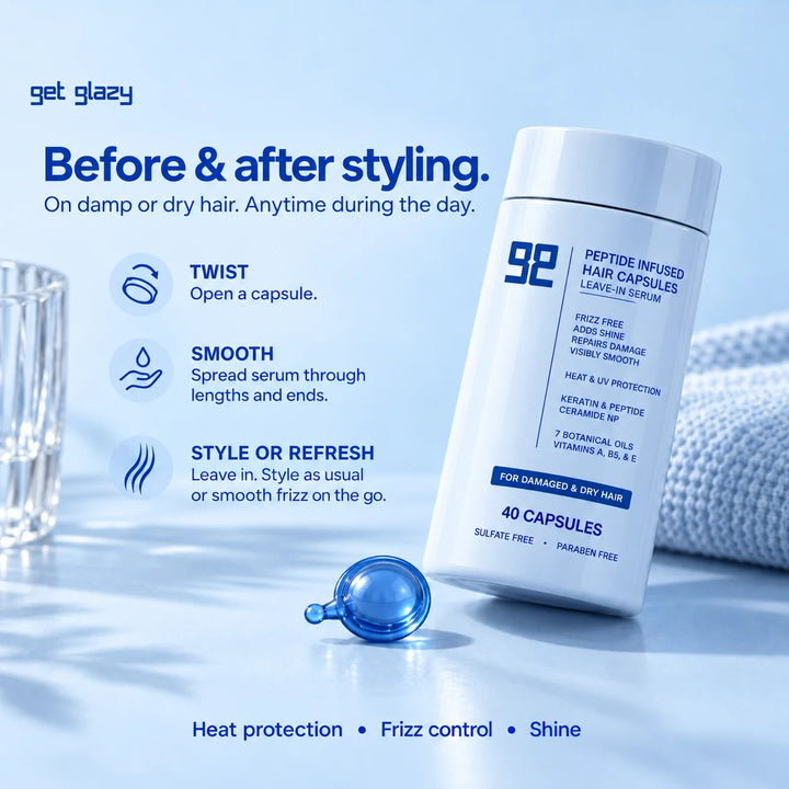 How to use Get Glazy blue hair oil serum capsules for dry, damaged hair: twist, smooth through lengths, style