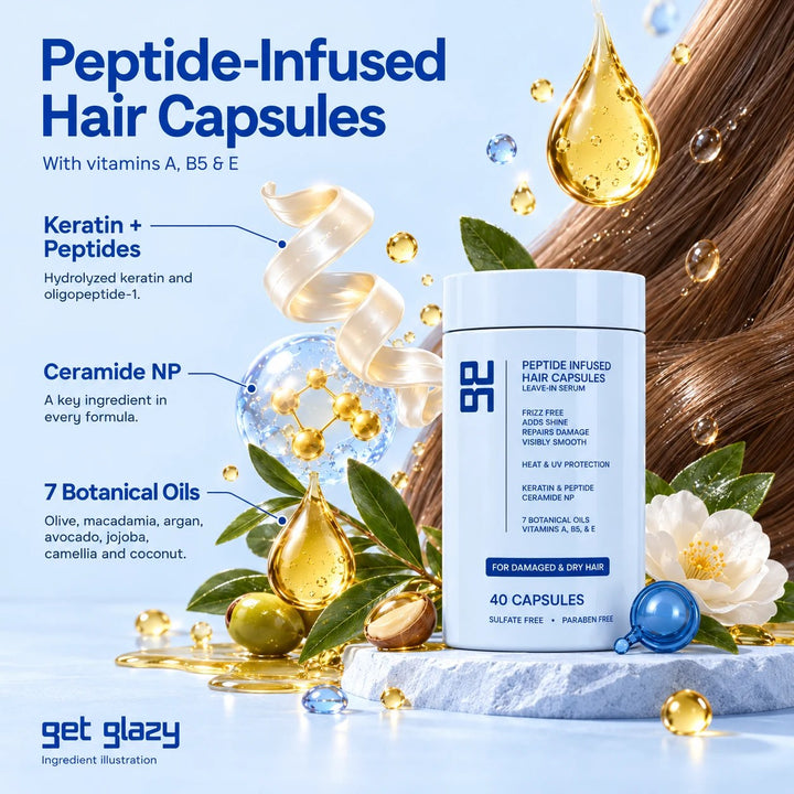 Get Glazy blue peptide hair oil serum capsules for dry, damaged hair with keratin, peptides, ceramide NP and 7 oils