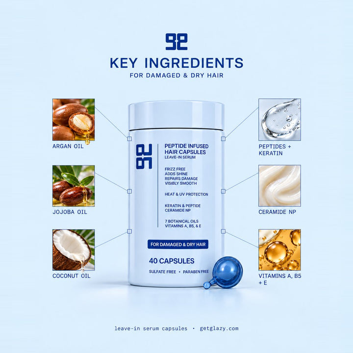 Key ingredients in Get Glazy hair oil serum capsules for dry and damaged hair: peptides, keratin, Ceramide NP, 7 oils