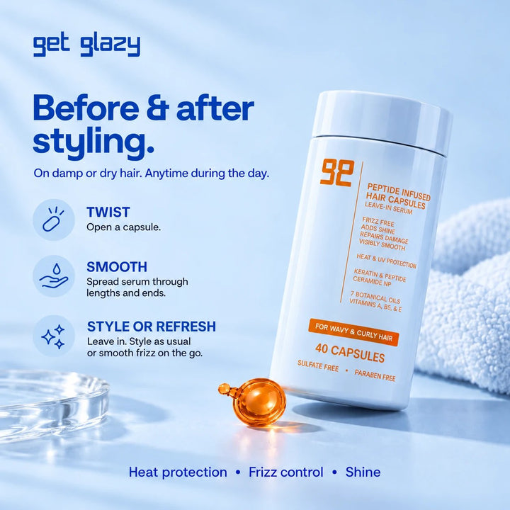 How to use Get Glazy orange hair oil serum capsules for wavy, curly hair: twist, smooth through lengths, style