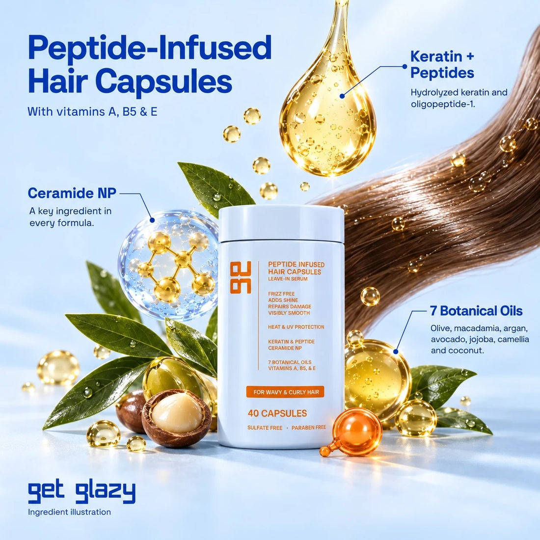 Get Glazy orange peptide hair oil serum capsules for wavy, curly hair with keratin, peptides, ceramide NP and 7 oils