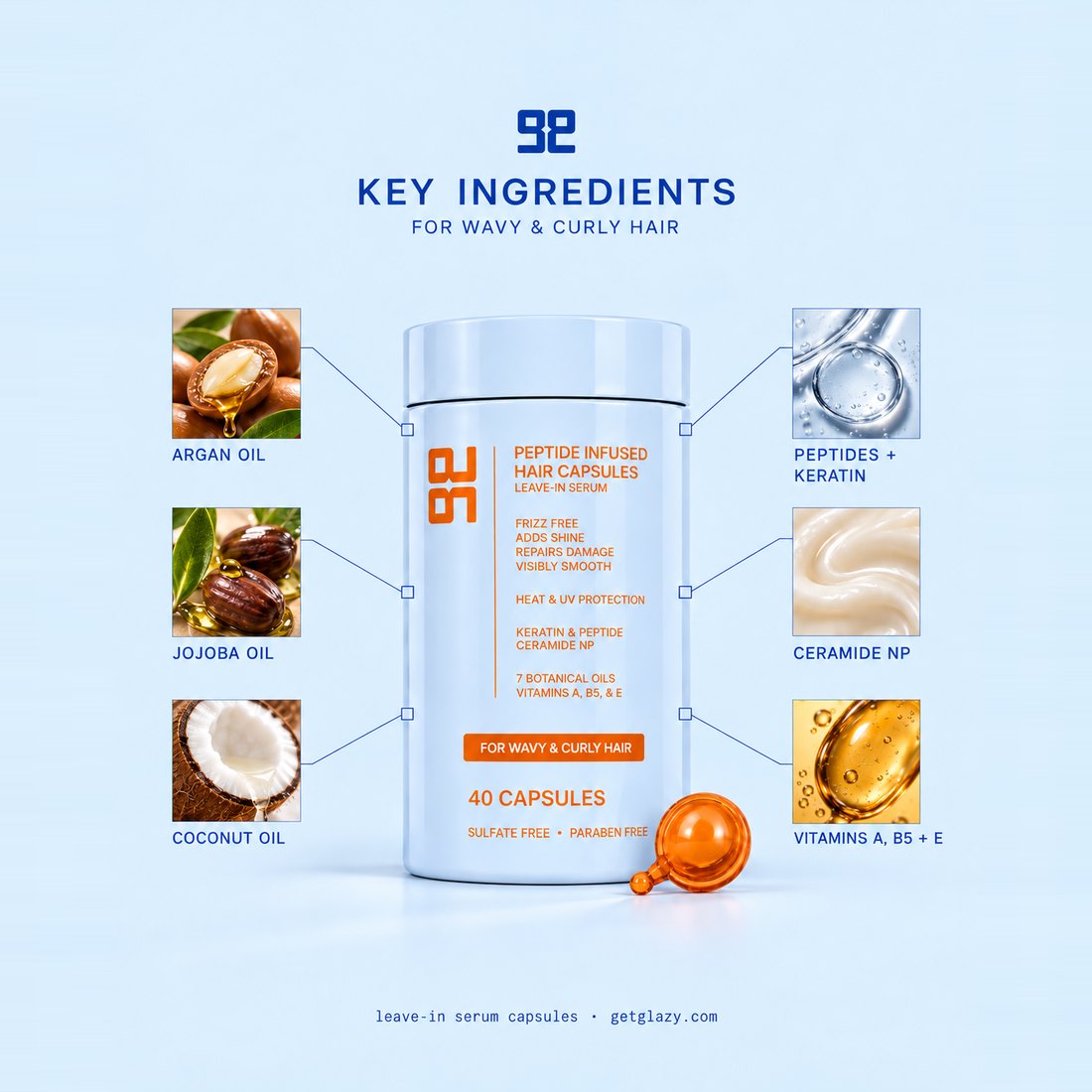 Key ingredients in Get Glazy hair oil serum capsules for wavy and curly hair: peptides, keratin, Ceramide NP, 7 oils
