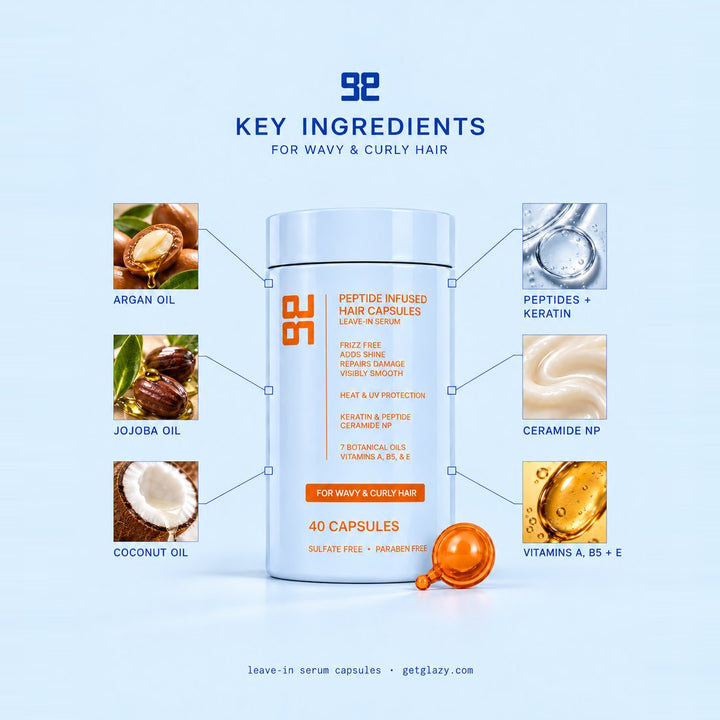 Key ingredients in Get Glazy hair oil serum capsules for wavy and curly hair: peptides, keratin, Ceramide NP, 7 oils