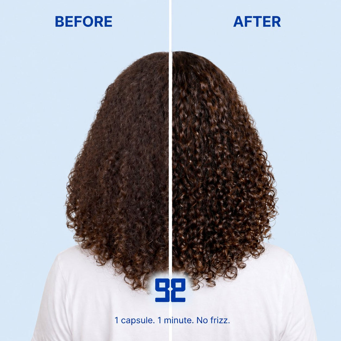 Before and after with Get Glazy: frizzy curly hair, then defined, glossy curls