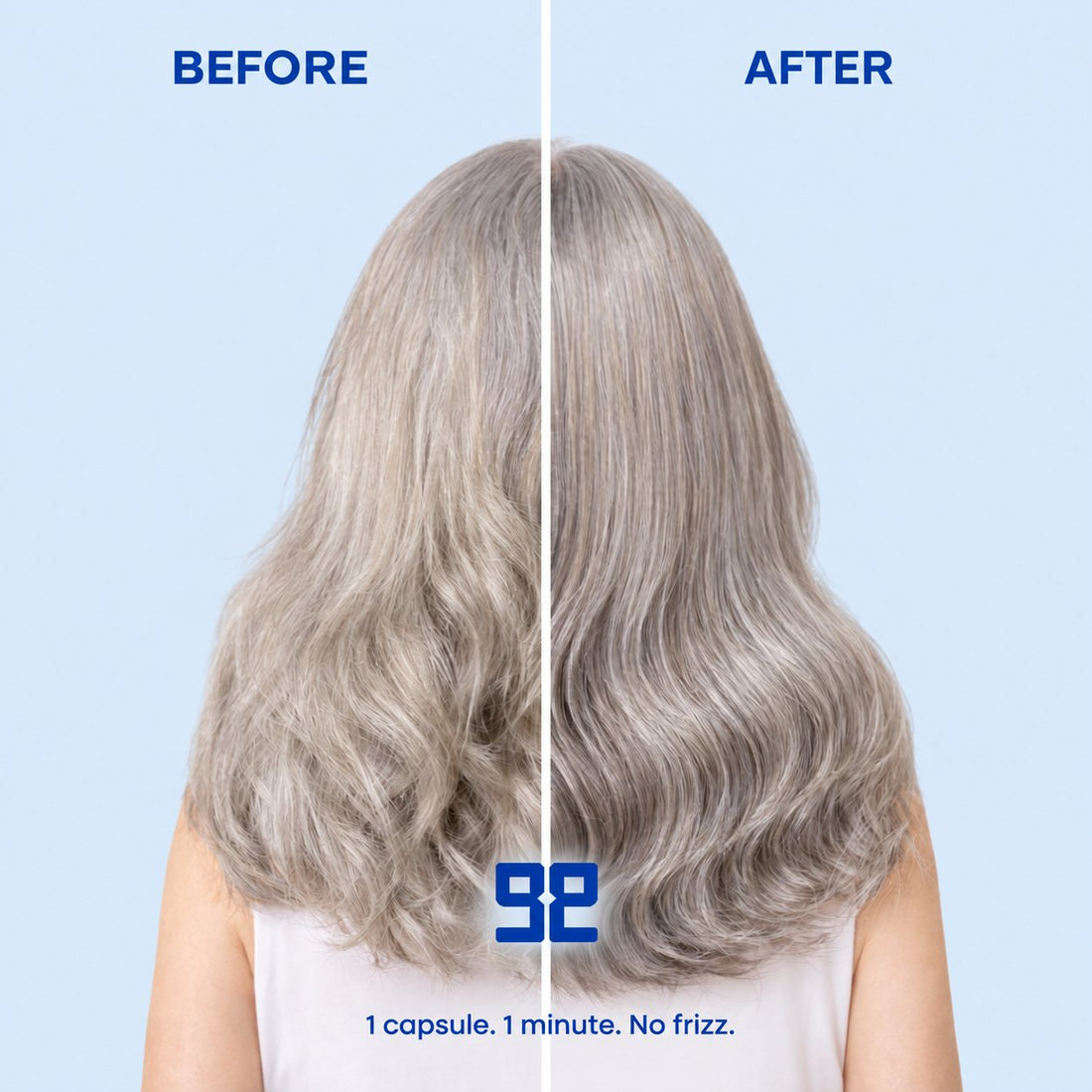 Before and after with Get Glazy: dry grey hair, then smoother waves with more shine