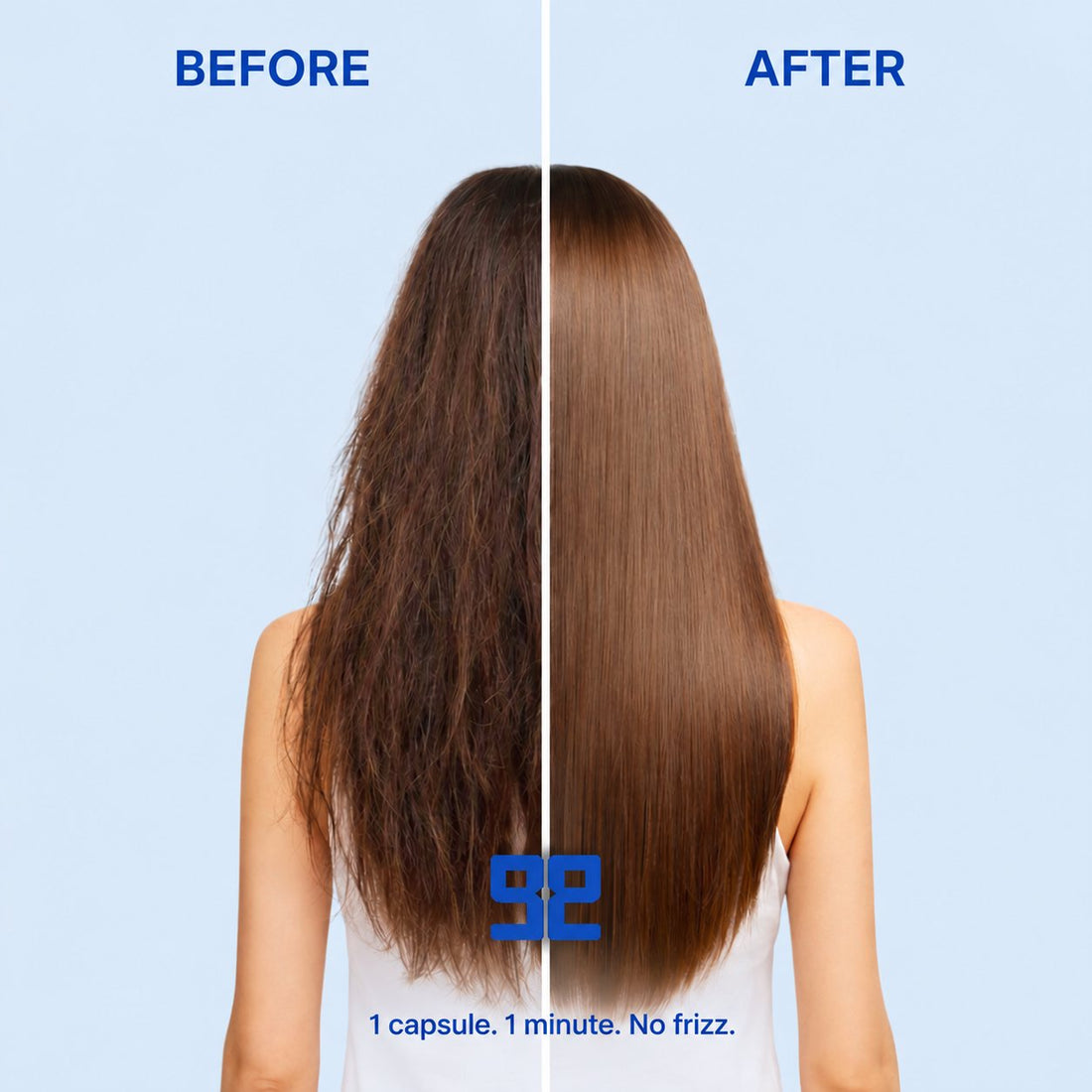 Before and after with Get Glazy: frizzy, dry brown hair, then smoother, sleeker and shinier hair