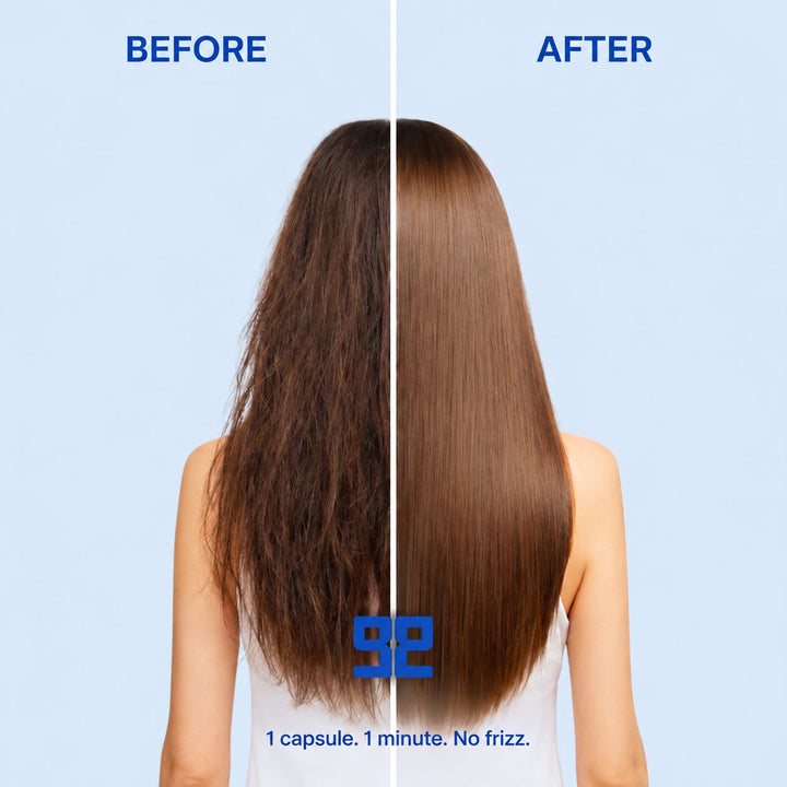 Before and after with Get Glazy: frizzy, dry brown hair, then smoother, sleeker and shinier hair