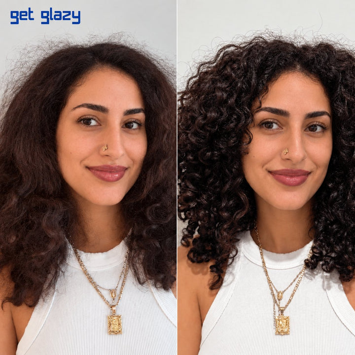 Before and after: frizzy curly hair, then defined, less frizzy curls with Get Glazy orange